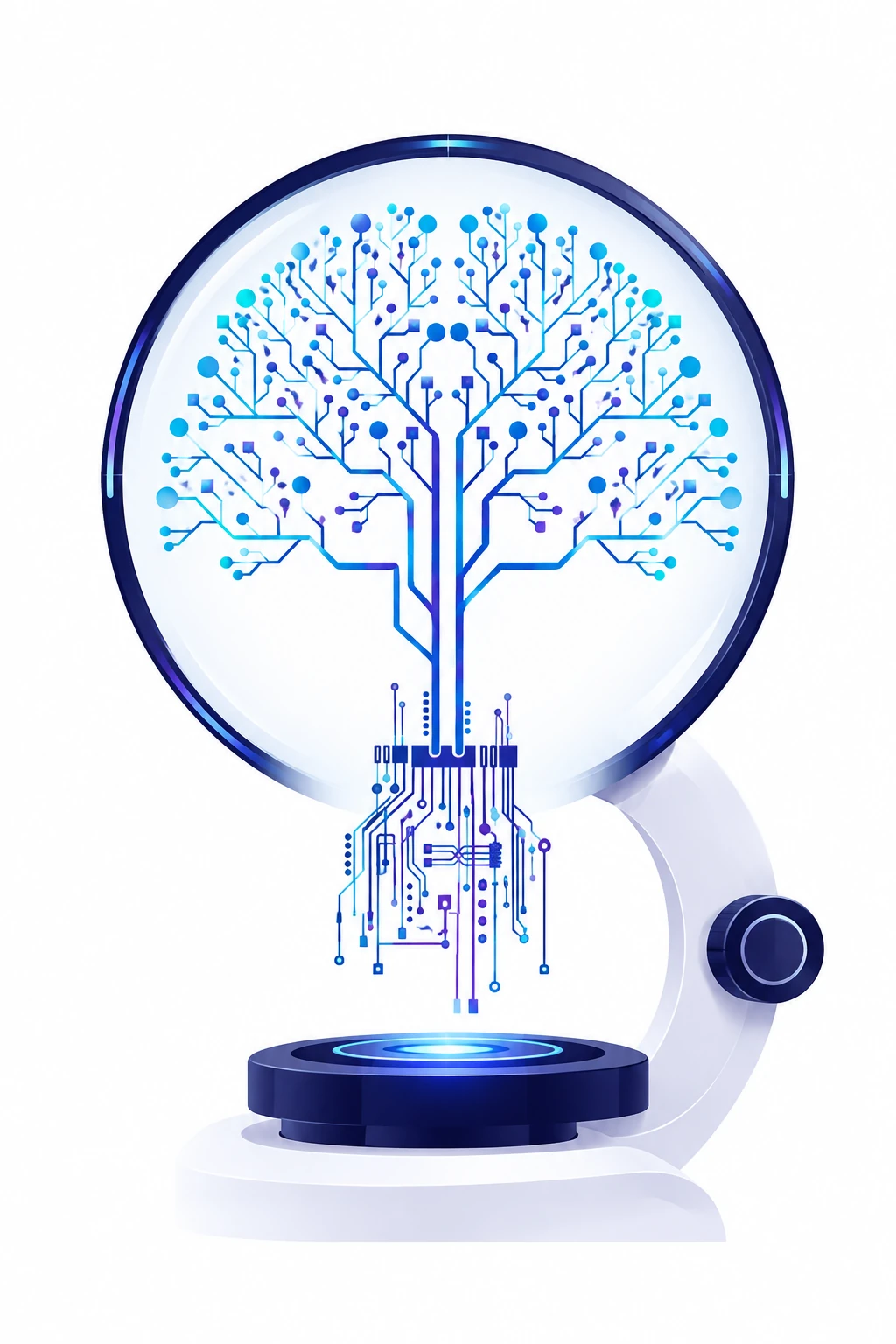 Rootlence — a circuit-board tree under a magnifying lens, representing traced root-cause investigation